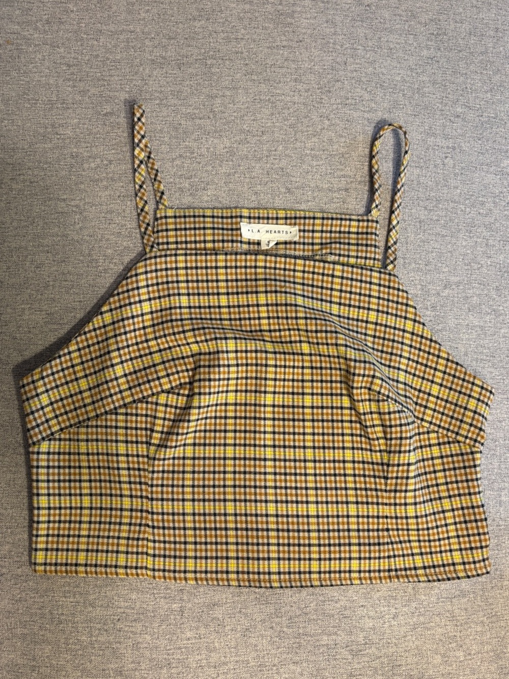 La Hearts Yellow Plaid Square-Neck Crop Top with Spaghetti Straps
